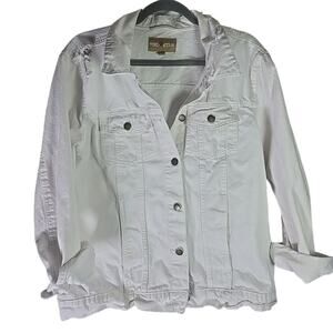 Red Star White Denim Jacket Distressed Button Down Womens XL Pockets